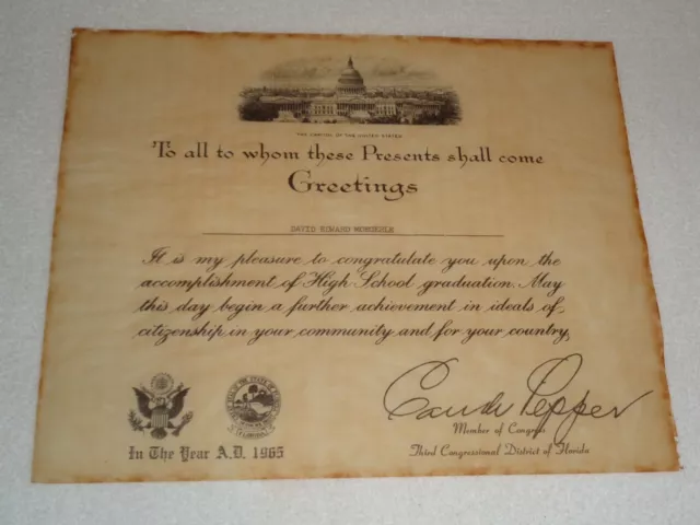 1965 Claude Pepper SIGNED FL Congressman Certificate for High School Graduate