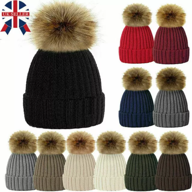 Beanie Ski Womens Bobble Knitted Pom Pom Chunky Hat Faux Fur Winter Warm Cap