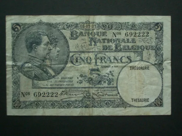 ****Scarce Belgium 1927 5 Francs Crisp 'NVF'  Banknote