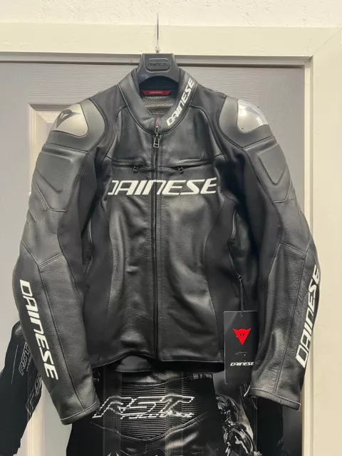 Dainese Racing 3 Leather Jacket - Black/Black/White - Size EU-50/UK-40