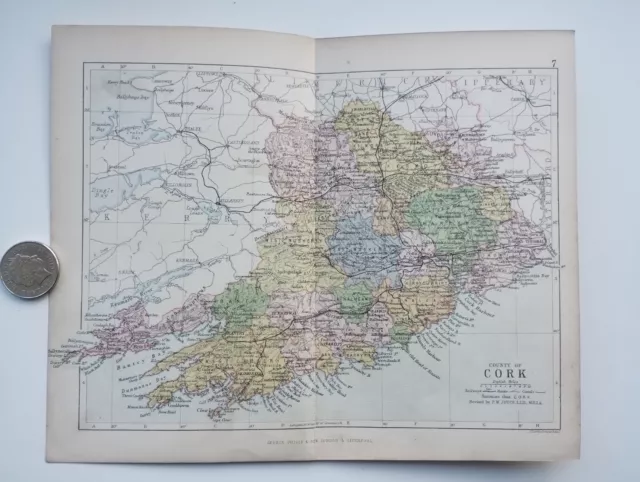 Antique County Map of CORK , Ireland - Phillips Handy Atlas , 1882