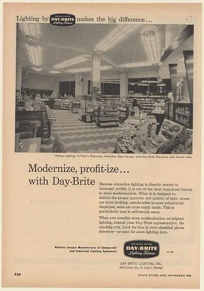 1956 Petty's Pharmacy Montclair NJ Day-Brite Lighting Trade Print Ad