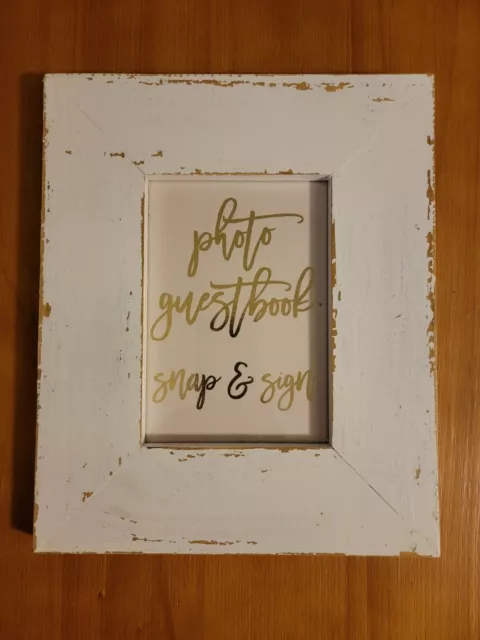 Photo Frame Guest Book Sign Aged White Paint Wedding Reception Pink Gold Foil