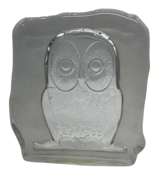 VTG MCM Glass OWL Block Sculpture Paperweight Clear & Frosted made in Sweeden