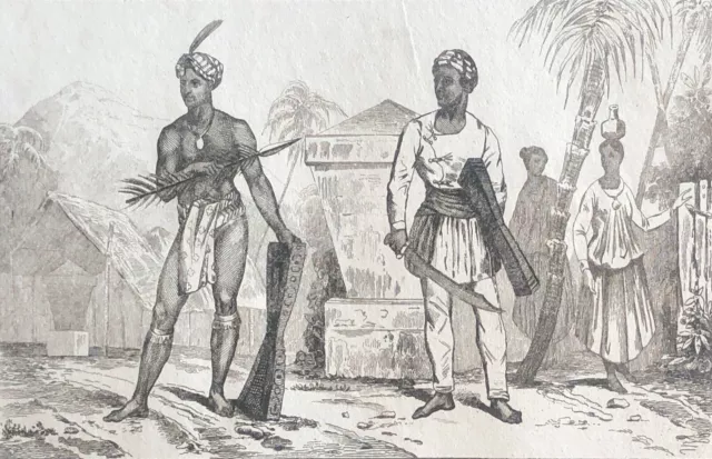 Iles Célèbes costumes de guerriers Polynésie lithographie 1835 Océanie