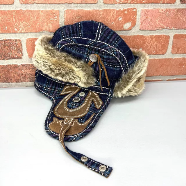 True Religion Plaid Flap Trapper Hat Embroidered Aviator Small