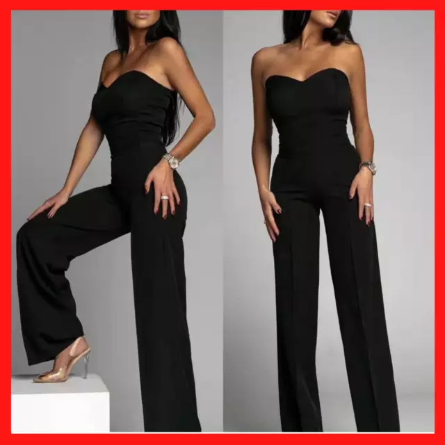 Tuta elegante intera da donna jumpsuit nera abito nero pantaloni palazzo vestito