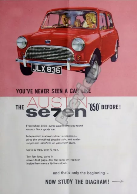 Mini Austin Seven 850 Car Advert 1963 Classic Print Poster Wall Art Picture A4+