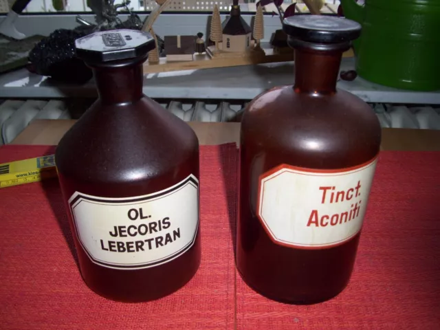 2 Große Antike Glas Apothekerflaschen Tinct. Aconiti + Ol. Jecoris Lebertran