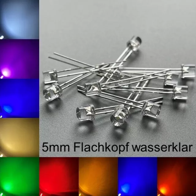 5mm LEDs Flachkopf wasserklar alle Farben inkl. Widerstände Leuchtdioden LED