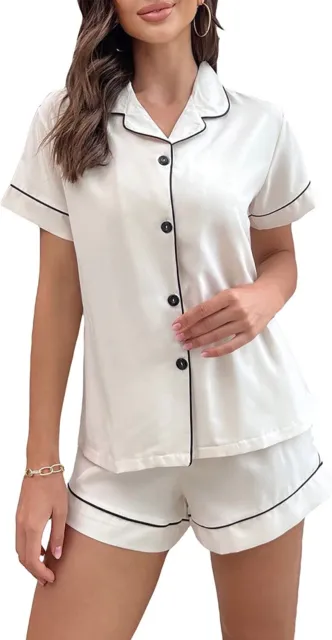 WDIRARA Women's Satin Sleepwear Short Sleeve Button Shirt and Shorts Pajama Set