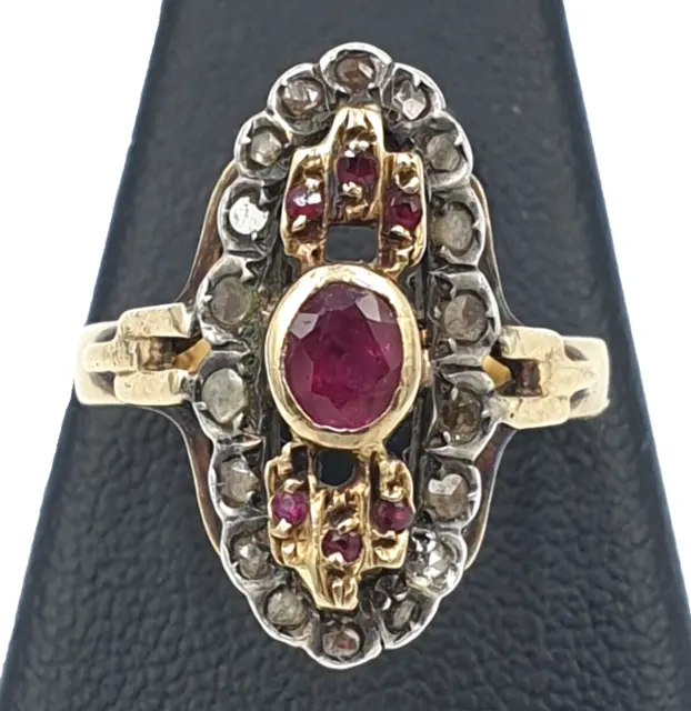 Ring Antik Stil Rubine Und Rosetten Diamanten Silber 800 und Gold Massiv 18K