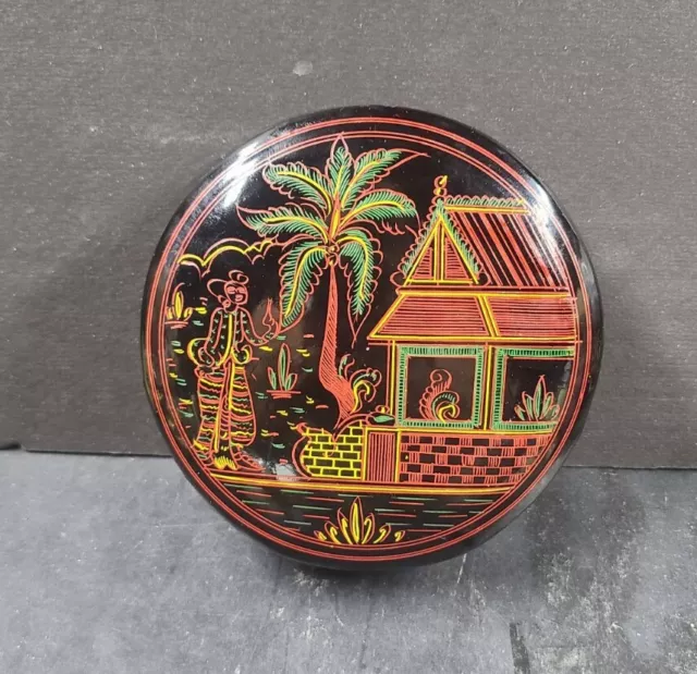 Vintage Asian Burmese Black Lacquer Trinket Jewelry Box