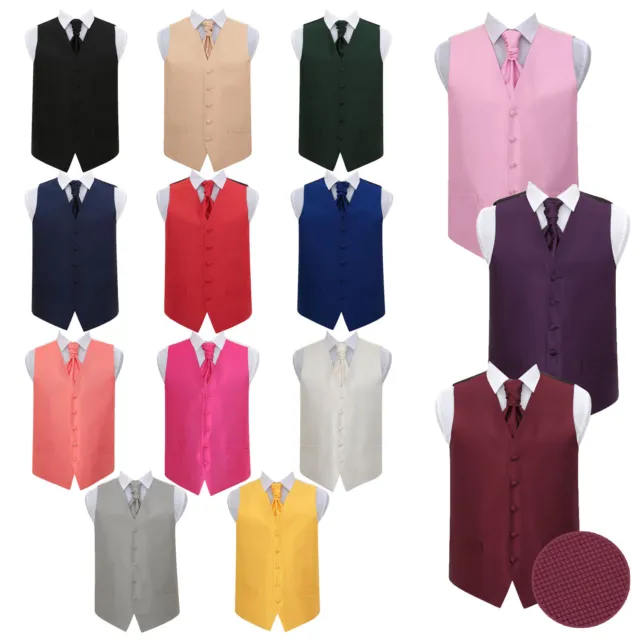 Mens Boys Premium Woven Plain Solid Check Wedding Waistcoat & Cravat Set