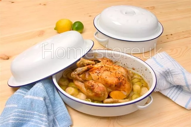 Roaster Enamel Dish Roasting Oven Tray Casserole Pan White With Lid Oval / Round