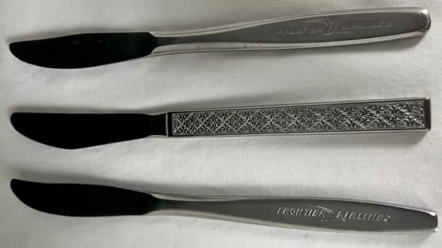 Vtg Frontier Airlines Set of 3 Knives Stainless Steel Silverware Inscribed Logo
