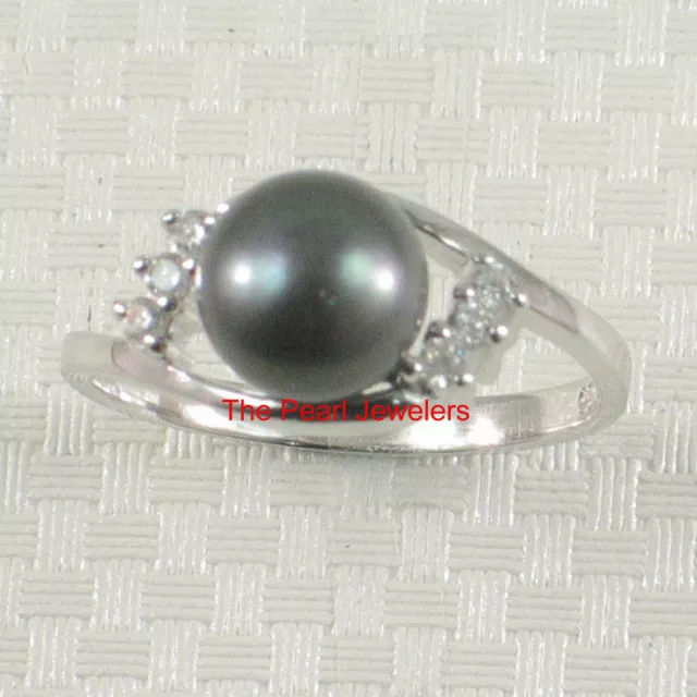 925 Solid Sterling Silver Black Cultured Pearl w/ Cubic Zirconia Ring - TPJ