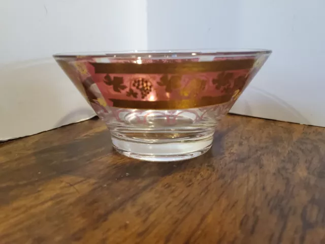 Vintage Mid-Century Cera Glass Dip Bowl Gold Burgundy Leaves Pattern  Lovely 2