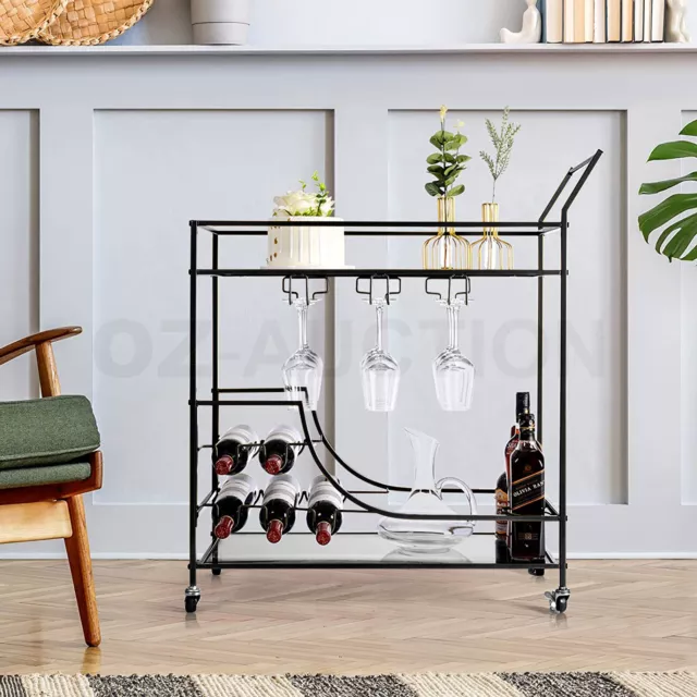 Black Bar Cart Drinks Trolley Coffee Tea Wine Kitchen Serving Rack Wine Holders