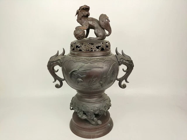 Antique 19th Japanese Bronze Birds & Foo Dog Incense Burner Vase Meiji Art 54cm