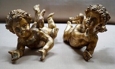 Pair of Antique 18th Century Hand-Carved Gold Leaf Wood Cherubs Excellent Condit