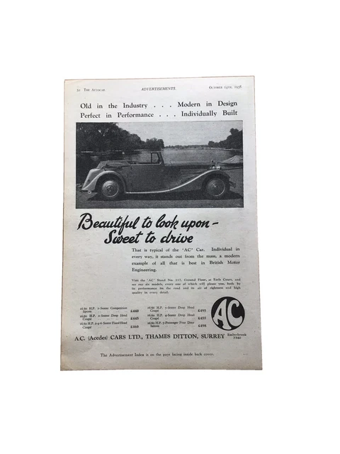 Original 1938 AC Cars Priced Advert