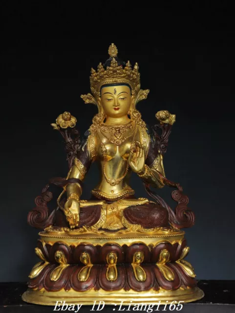 18" Old Tibet Copper Gilt Painting 7 Eyes White Tara Guanyin Buddha Lotus Statue