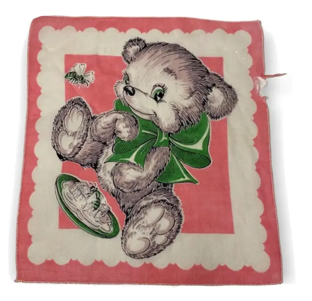 Vintage Handkerchief Hankie Bear Honeycomb Bees Pink Green 8x9”