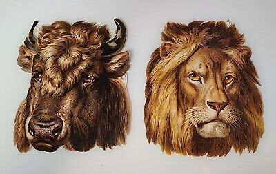Antique Victorian Large 9" Animal Die Cut Scrap Lot - Lion/Buffalo Dated 1892