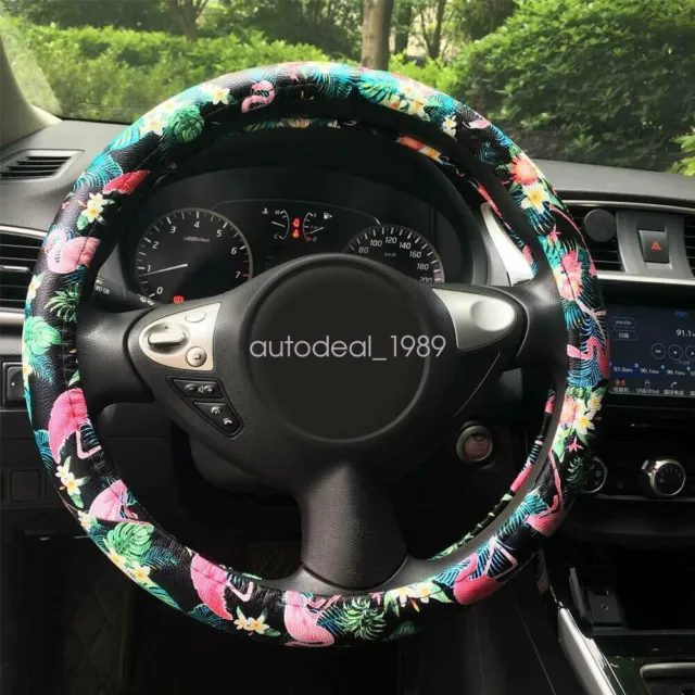 Universal Fit  Flamingo Print PU Leather Car Truck Steering Wheel Cover 15" 38cm