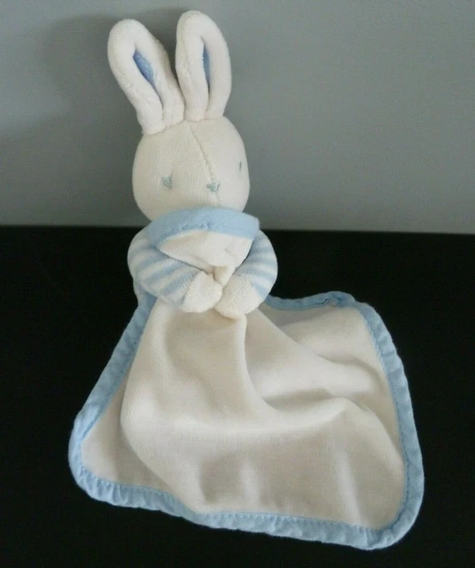 *. Doudou Peluche Lapin Assis Avec Mouchoir Klorane  Blanc Bleu Bras Raye - Tbe