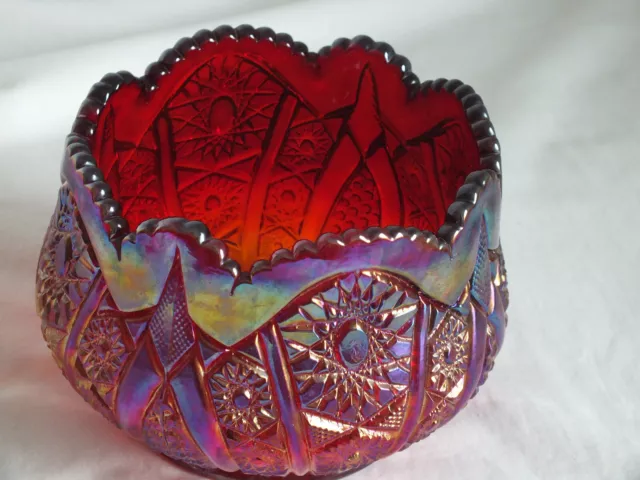 Gorgeous Antique 6.5"x5" Ruby Heirloom CARNIVAL GLASS BOWL Sunset Indiana vtg