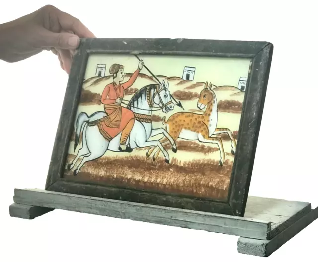 Indian Reverse Glass Painting Vintage Rajput Hunting Scene Art Deco Period Frame