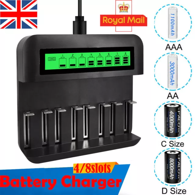 Universal 4 / 8-Slot Fast Battery Charger AA AAA C D Ni-MH Rechargeable Battery