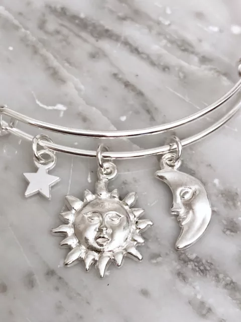 Sun Moon and Star Celestial bright Silver charm Expandable Bangle Bracelet