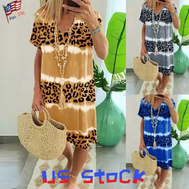 Women Boho Summer Holiday Beach Midi Dress Ladies Loose Tie Dye Sun Dresses US