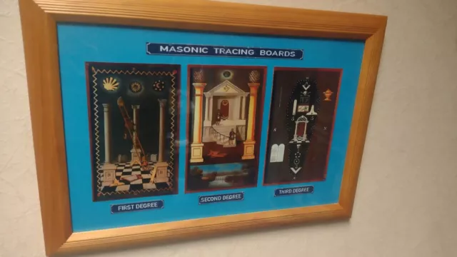 Masonic set of 3 Tracing Board prints in wood frame 34x21cm. Used Good condition