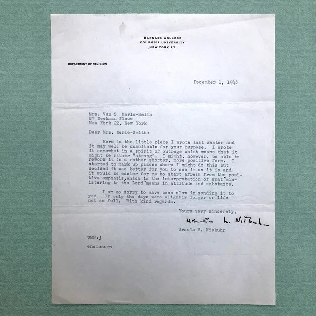 1948 Hand-Signed Letter Mrs. Merle-Smith From Ursula M. Niebuhr