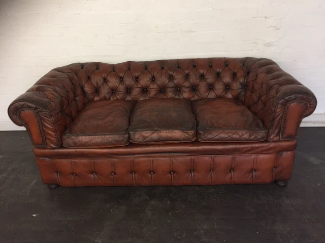 chesterfield Mid Century three seater sofa in antique Tan leather