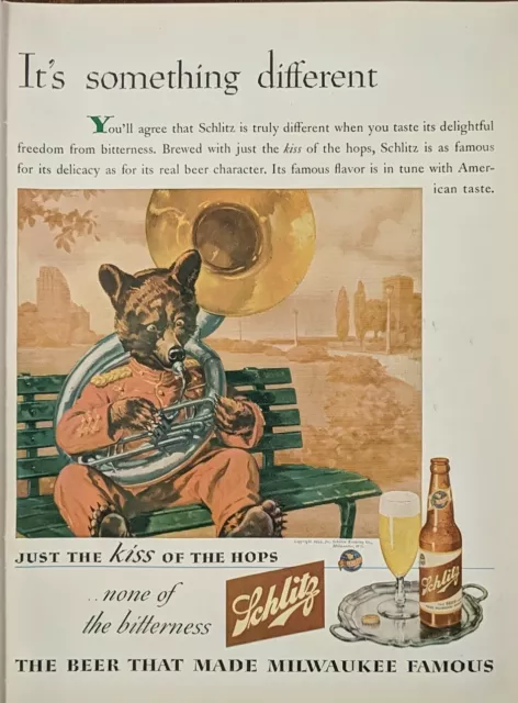 1944 vintage Schlitz beer ad, Bear Playing Trumpet, Unique Ad