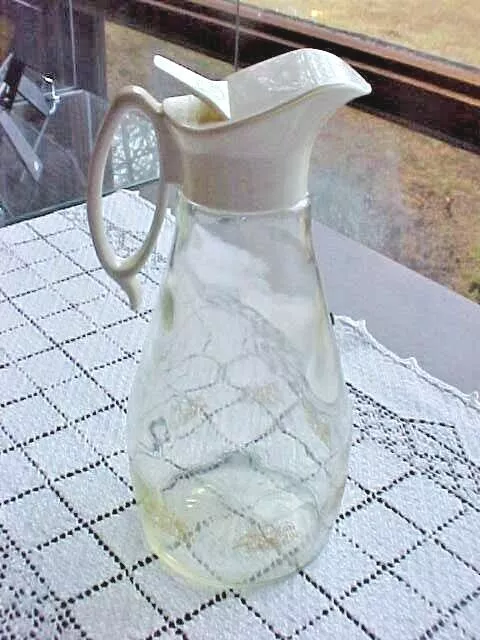 Log Cabin Clear Glass Syrup Pitcher Gold Eagle Pattern On Bottom Rim Vintage