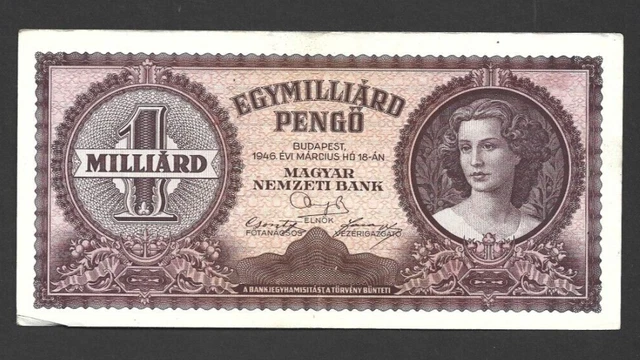 1 Milliarde Pengo  Very Fine-Ef  Banknote From  Hungary 1946 Pick-125