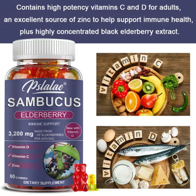 Sambucus Elderberry Gummies 3200mg - Black Elder Extract, Vitamin C, Vitamin D