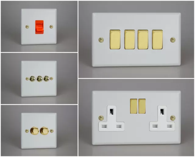 Varilight Vogue Matt White Range - White Inserts & Polished Brass Switches