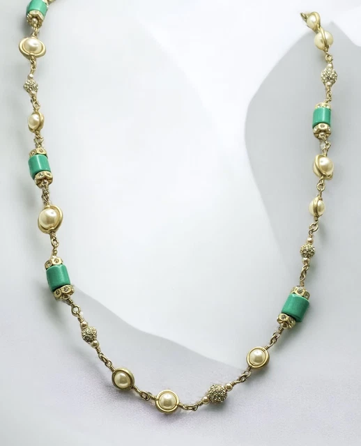 J Crew Matte Gold Tone Turquoise Tone, Faux Pearl, Rhinestone Beads ￼Necklace