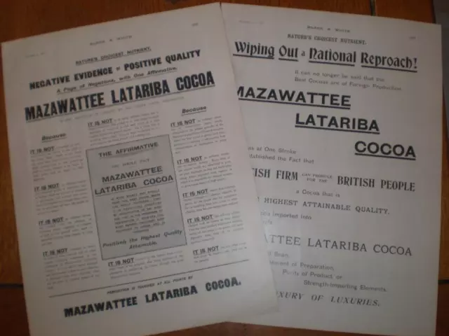 2 Mazawattee Latariba Cocoa adverts UK 1901