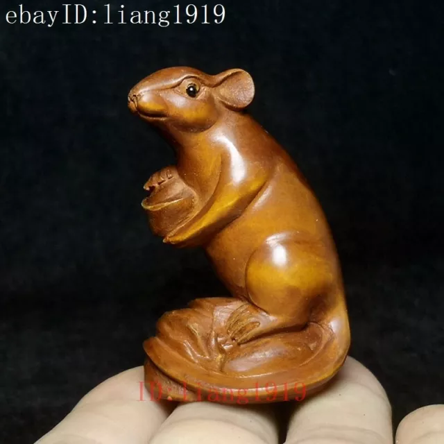 Old Japanese Boxwood Hand carved Wealth Mouse Figure Statue Netsuke Collection