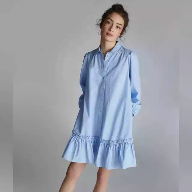 Anthropologie Women’s Blue White Striped Ruffled Long Sleeve Tunic Dress Small