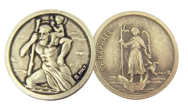 Silver Tone Saint Christopher and St Raphael Pocket Prayer Token Medal