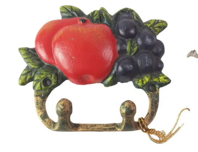 Cast Iron Wall Mount Key Holder Hanger Apple Grapes Leaves with 2 Hooks/GC